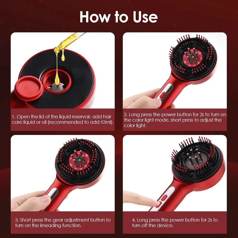 Simples Market electric head massager with red light oil applicator; red handheld scalp massager with four-step guide.