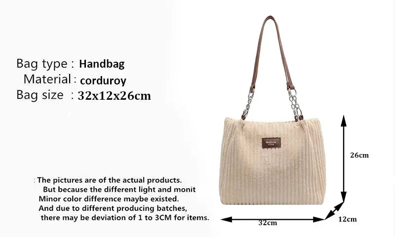 Women corduroy shoulder bag by Simples Market in beige with fixed shoulder strap and large capacity