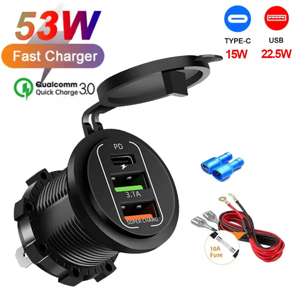 117W Dual PD USB Car Charger With Dual QC 3.0 Ports Voltmeter Waterproof 12V 24V Power Outlet For Car Boat