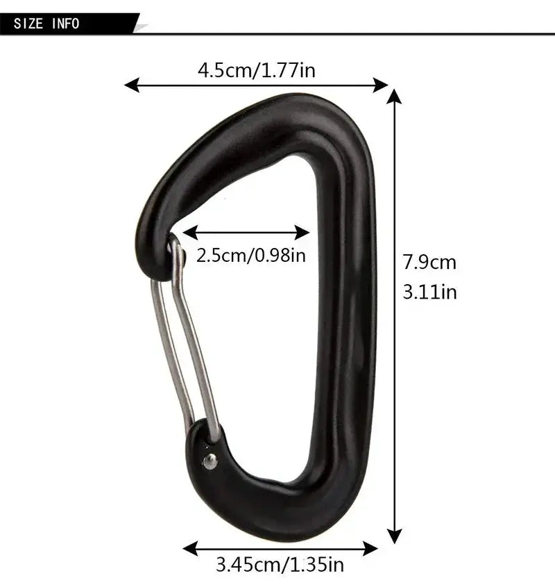 Climbing carabiner, black D-shaped with silver gate; 12KN rating for outdoor camping.