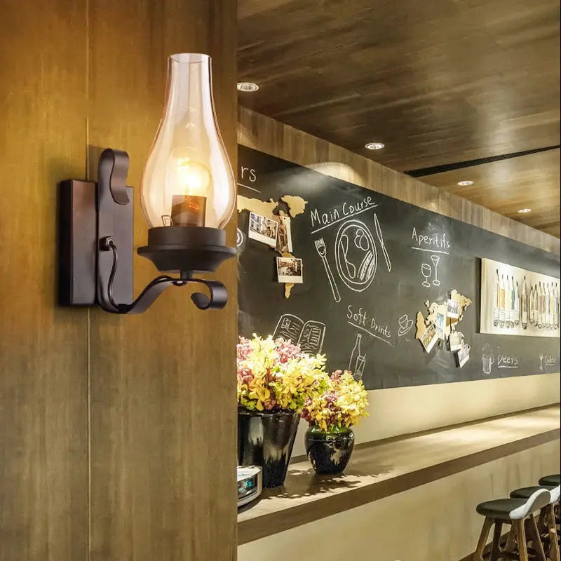 Wall lamp by Simples Market; loft industrial black wrought-iron with glass lantern shade