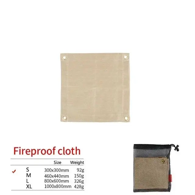Fireproof cloth mat Simples Market; beige fiberglass fabric with four metal grommets and mesh pouch