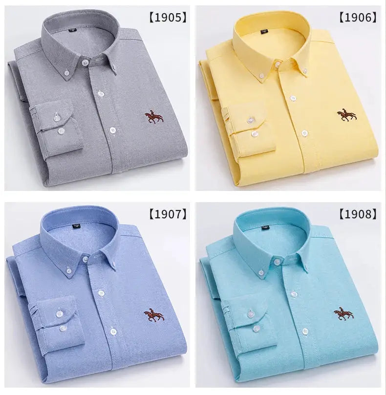 Men's oxford shirts set of 4 in gray, yellow, light blue and turquoise with Simples Market horse logo.