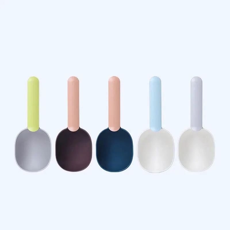 Multifunctional Dog And Cat Food Shovel Spoon With Measuring Cup Sealed Bag Clip Curved Ergonomic Design Easy To Clean