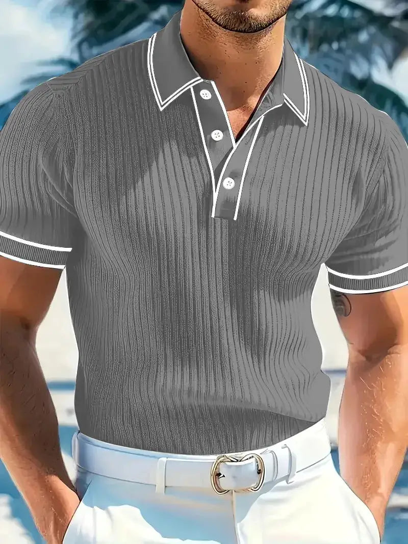 Men's polo shirt in charcoal gray with white piping on collar, placket and sleeves.