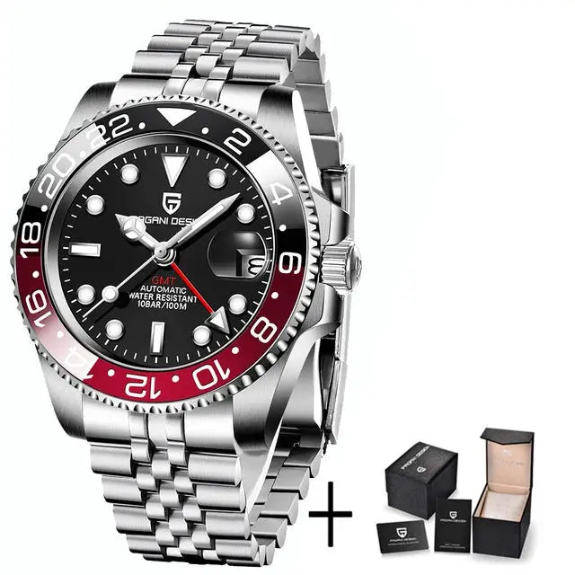 PAGANI DESIGN V3 GMT watch, stainless steel bracelet, black dial with two-tone bezel, water resistant 100m
