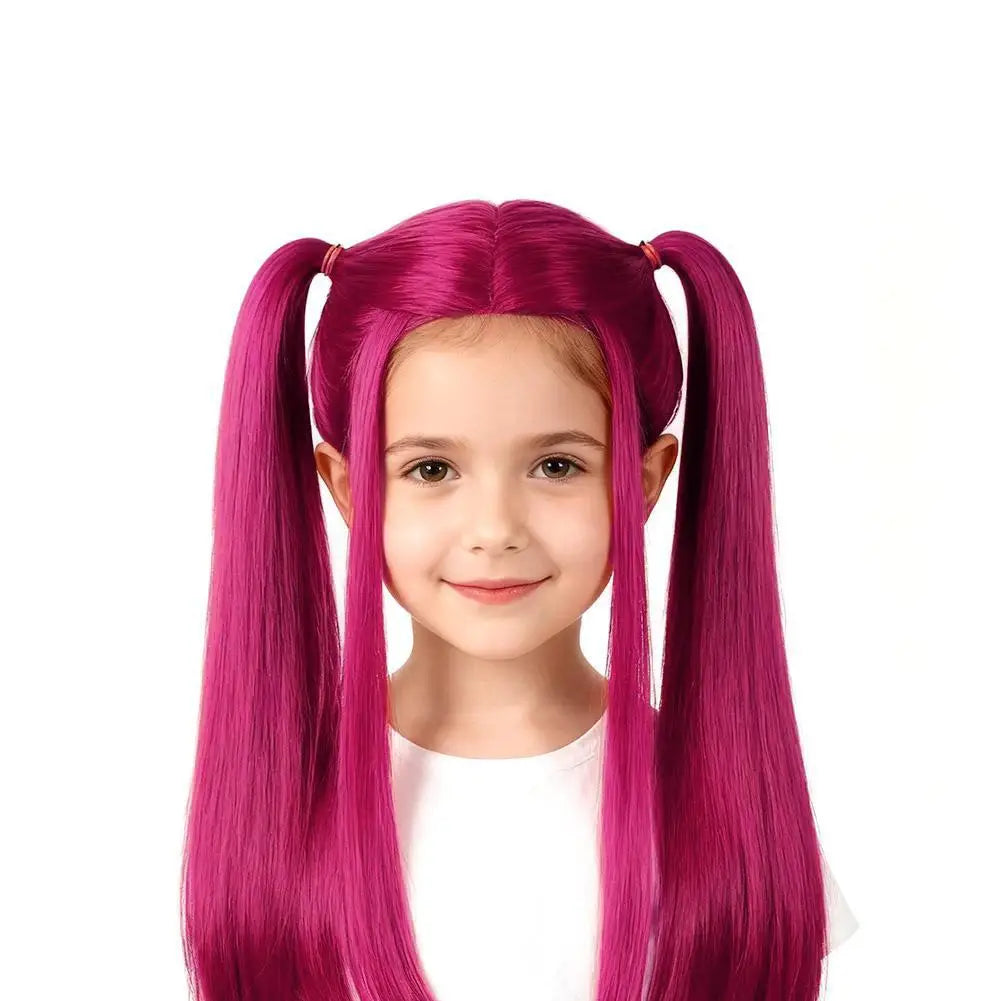 Kids cosplay wig in purple and pink with long twin ponytails for Halloween costume