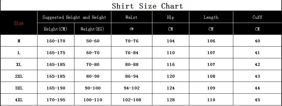 Shirt size chart with sizes M to 4XL showing height, weight, waist, hip, length, and cuff measurements in cm.