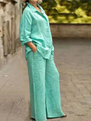 Cotton Linen Shirt Two Piece Set For Women With Wide Leg Trousers