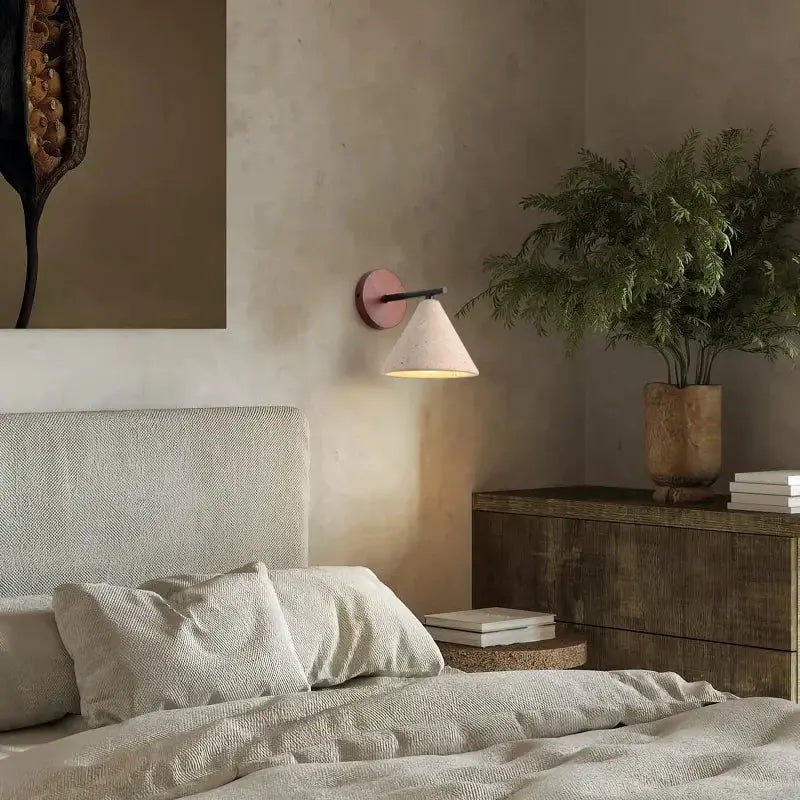 Natural stone wall lamp sconce in yellow travertine for bedroom decor, LED lighting fixture