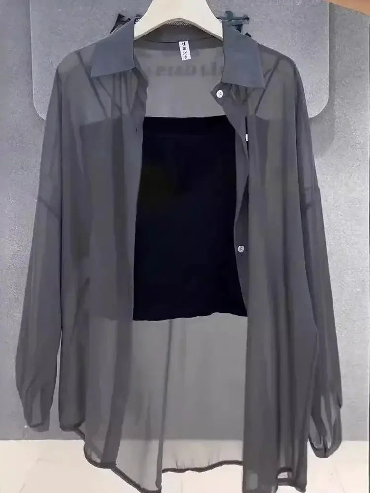 Plus-size Simples Market ice-silk sheer blouse, gray long-sleeve with front buttons