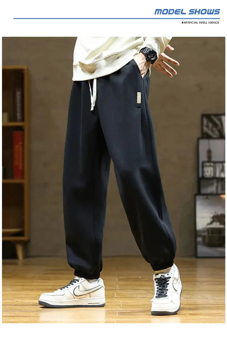 Men's navy drawstring jogger sweatpants, loose-fit sports trousers; plus-size 8XL