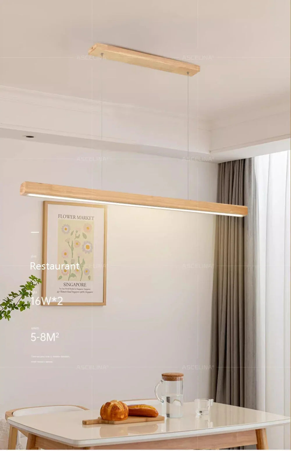 DAMIASMIL LED wooden long-strip pendant light over dining table in a modern living/dining room