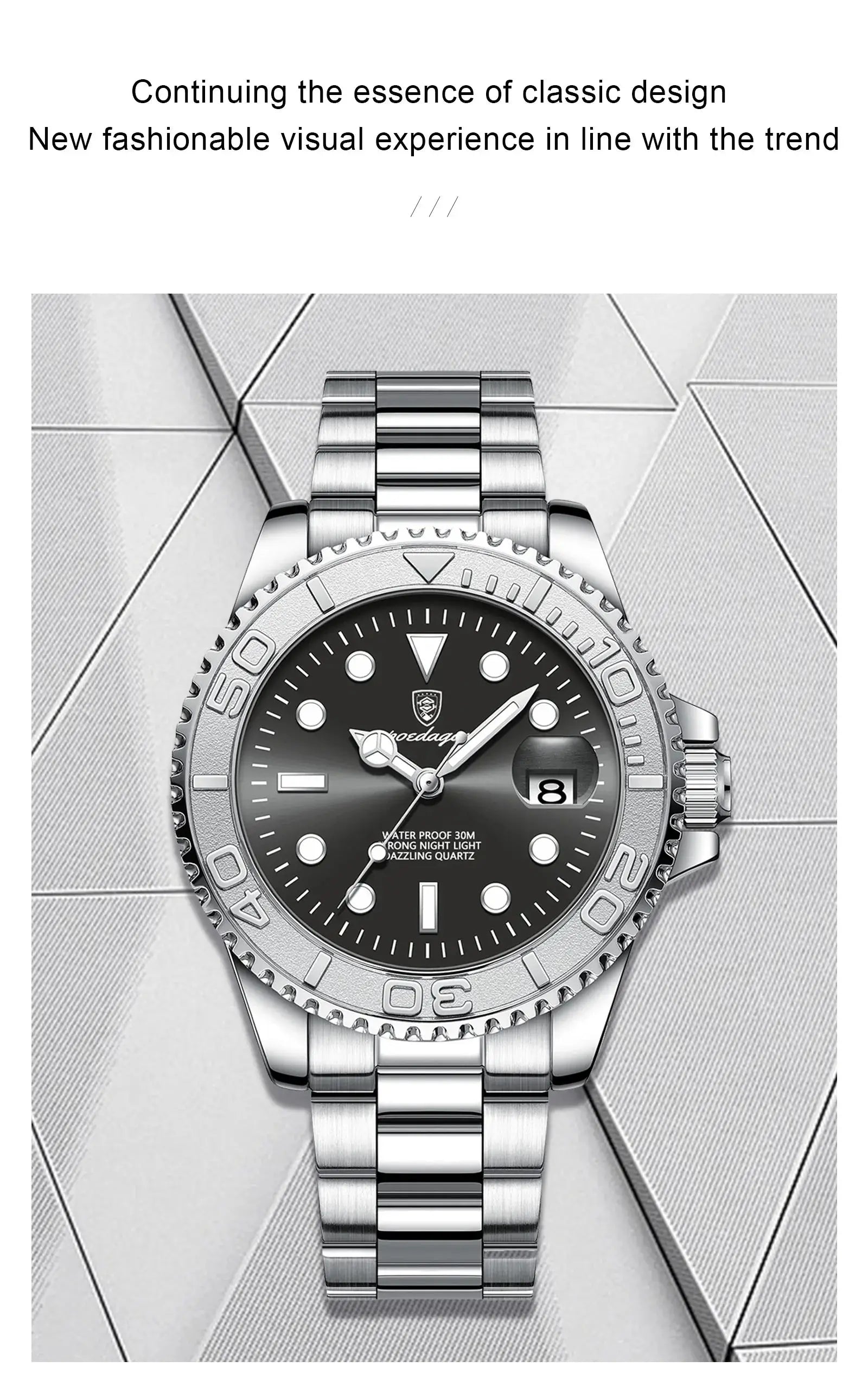 POEDAGAR stainless steel men's luxury watch with black dial, date window, and luminous markers