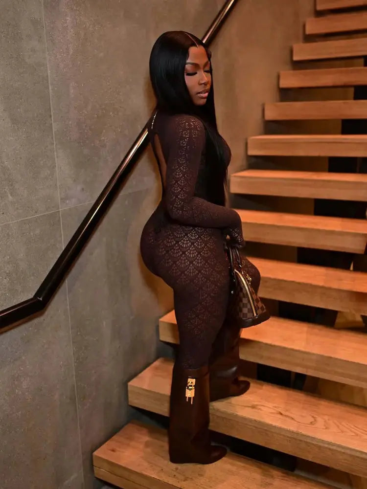 Women's black lace see-through mesh jumpsuit with long sleeves and backless bodycon fit