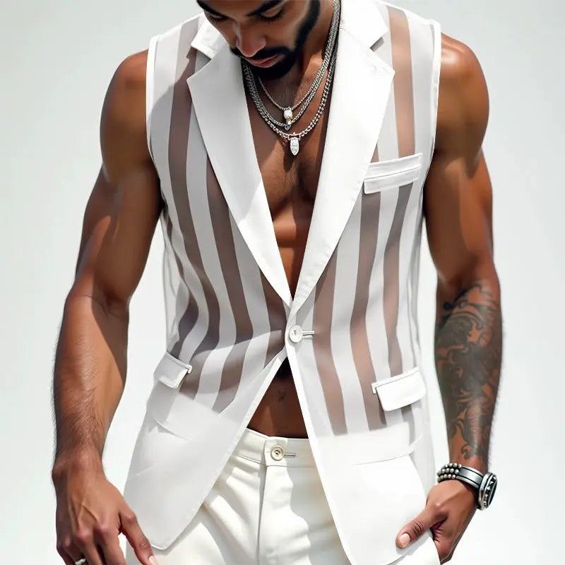 Men's white and beige striped mesh vest with lapel, sleeveless, one-button waistcoat