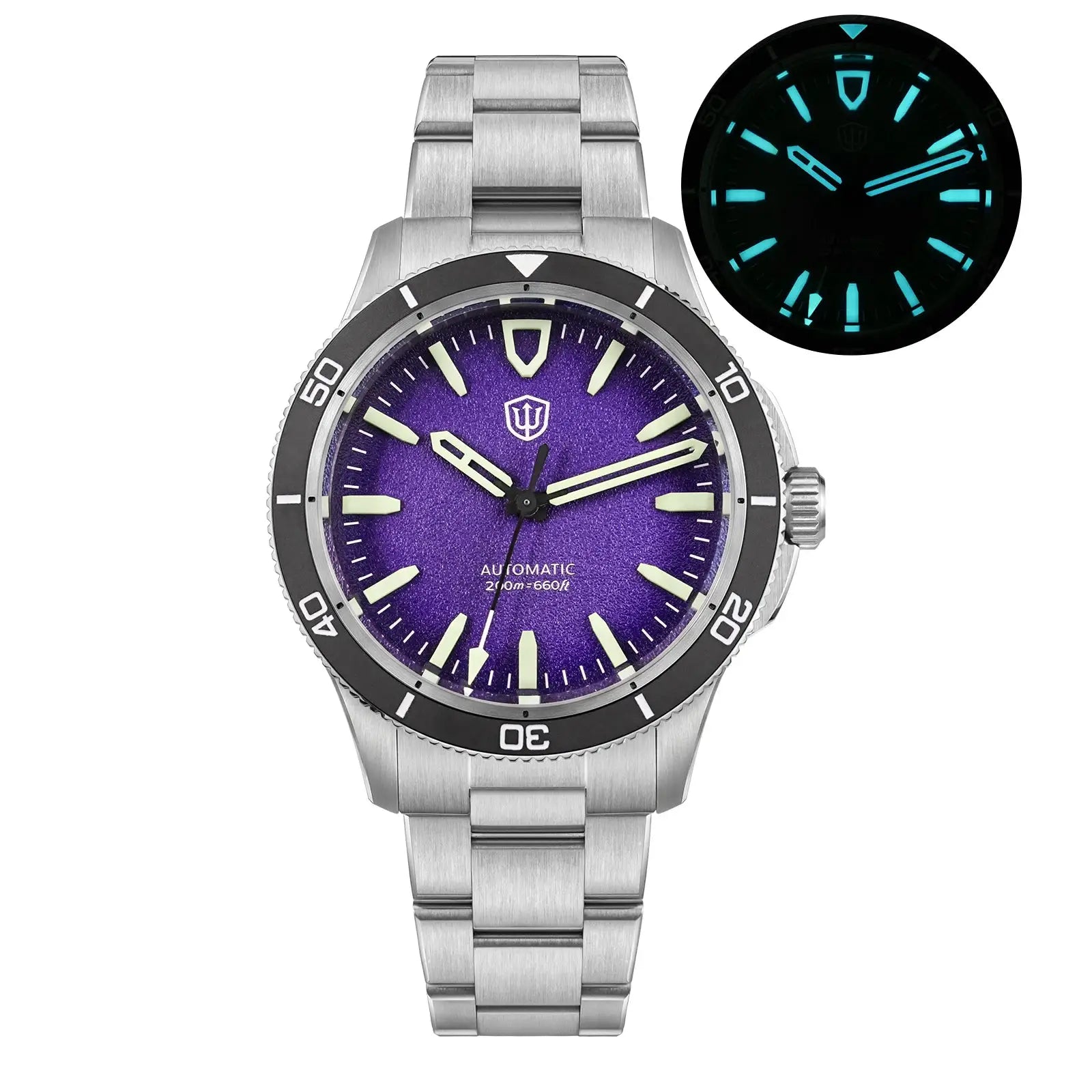 Watchdives Premier WD0019 automatic watch with stainless steel bracelet and purple dial; 39mm case