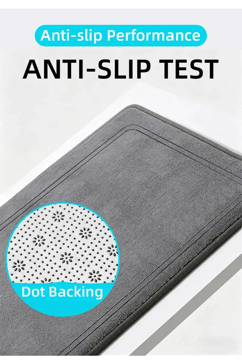 Grey bathroom rug with dot backing for anti-slip, soft quick-dry floor mat.