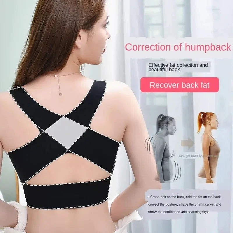 Posture correction bra by Simples Market, seamless black cross-back bralette with grey center panel