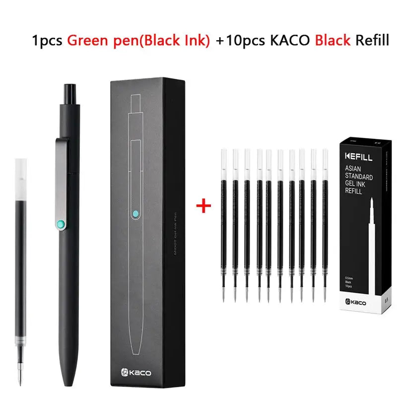 KACO 0.5mm gel ink pen set with 1 green pen and 10 black refills
