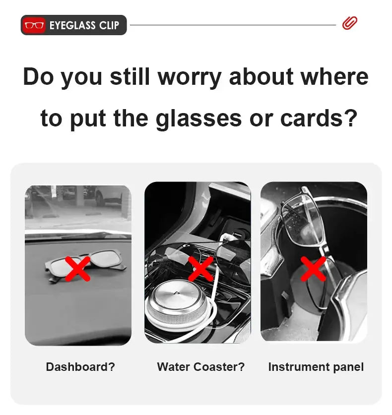 JFBONIN leather car sun visor sunglasses holder with magnetic clip and card holder; three-panel infographic shows places not to store glasses.