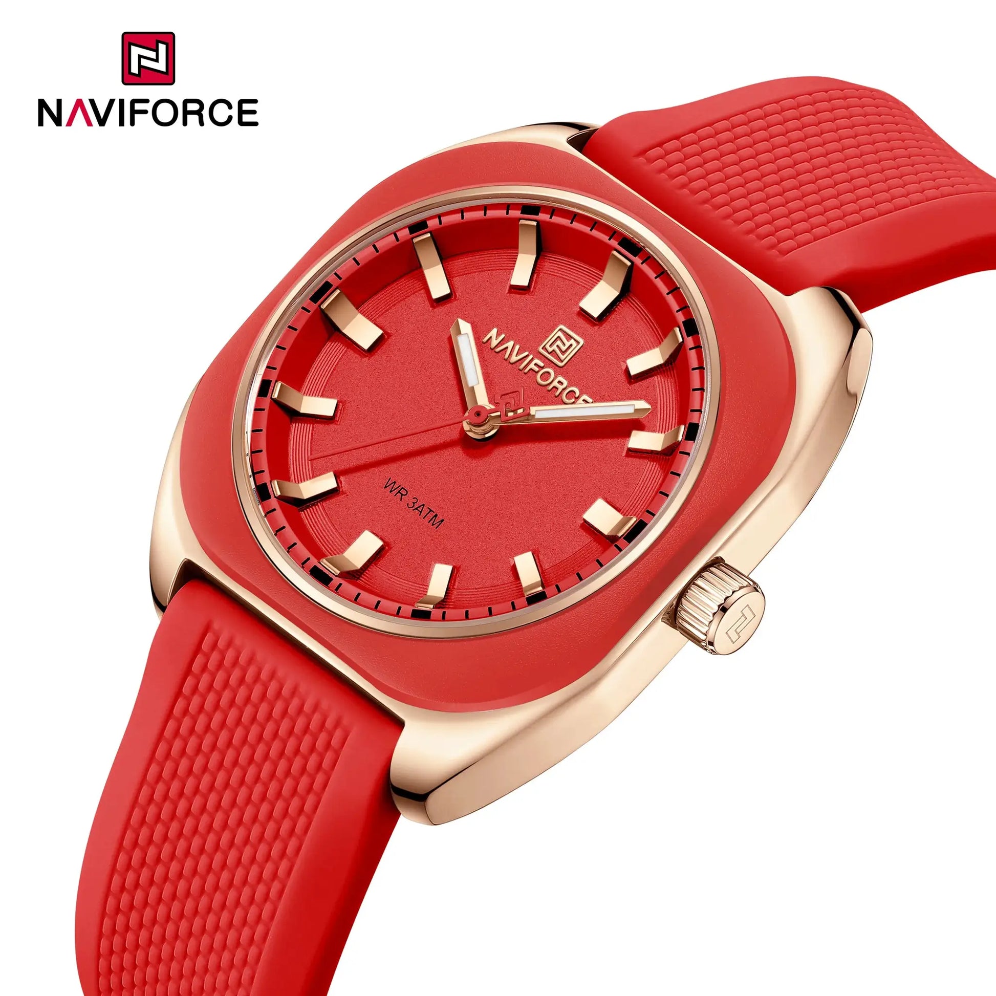 Naviforce red silicone women's wristwatch with gold-tone bezel