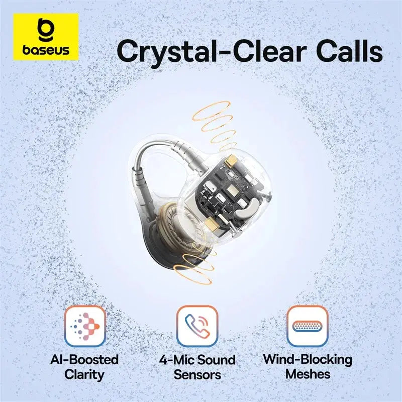 Baseus BC1 Ear Clip Earbuds open-ear wireless Bluetooth 6.0 sport headphones with 4 mics.