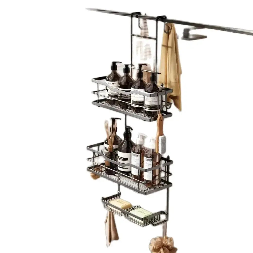 3-tier black and silver large-capacity hanging shower caddy with two soap dishes, Simples Market