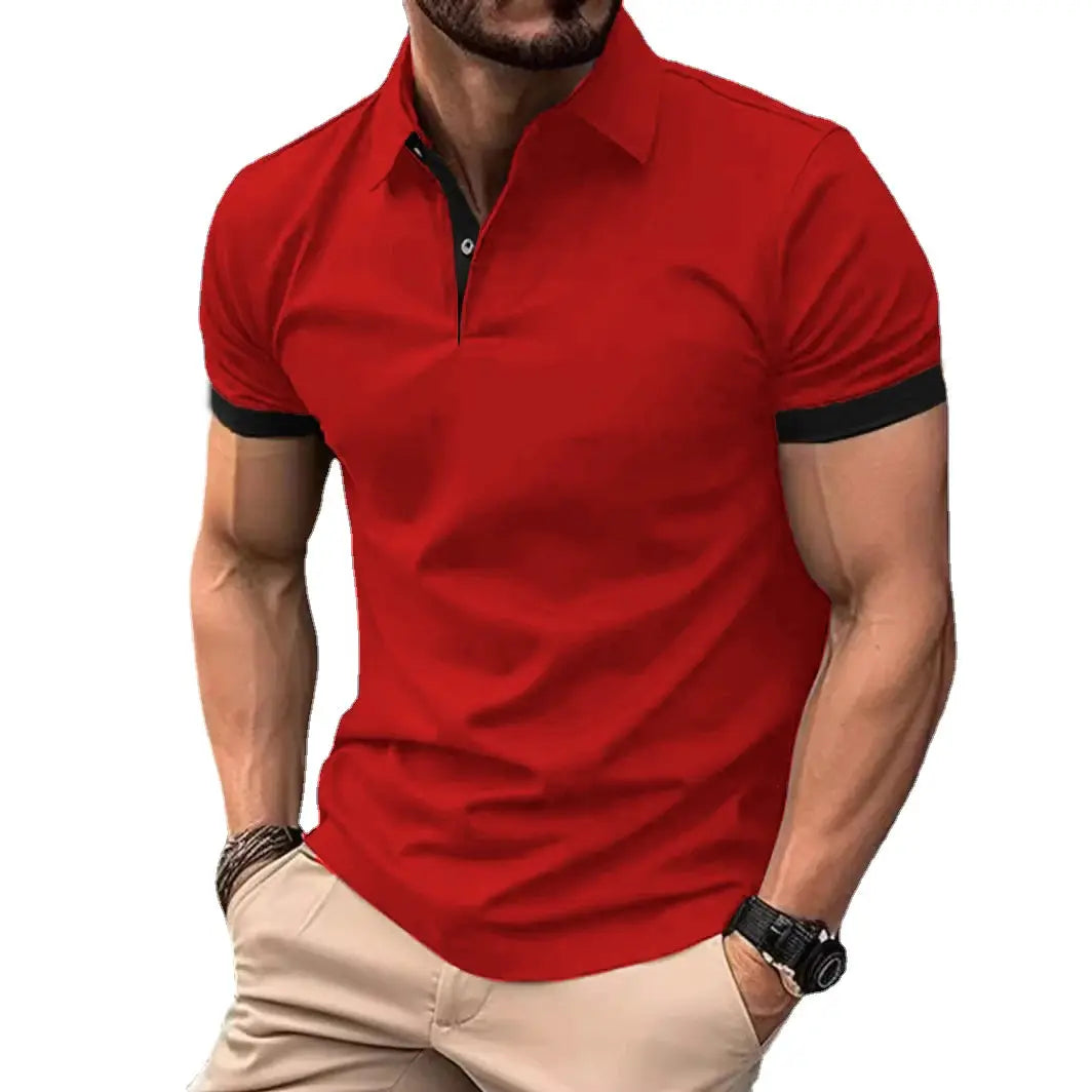 Men's red polo shirt with short sleeves and black contrast cuffs, lightweight casual wear