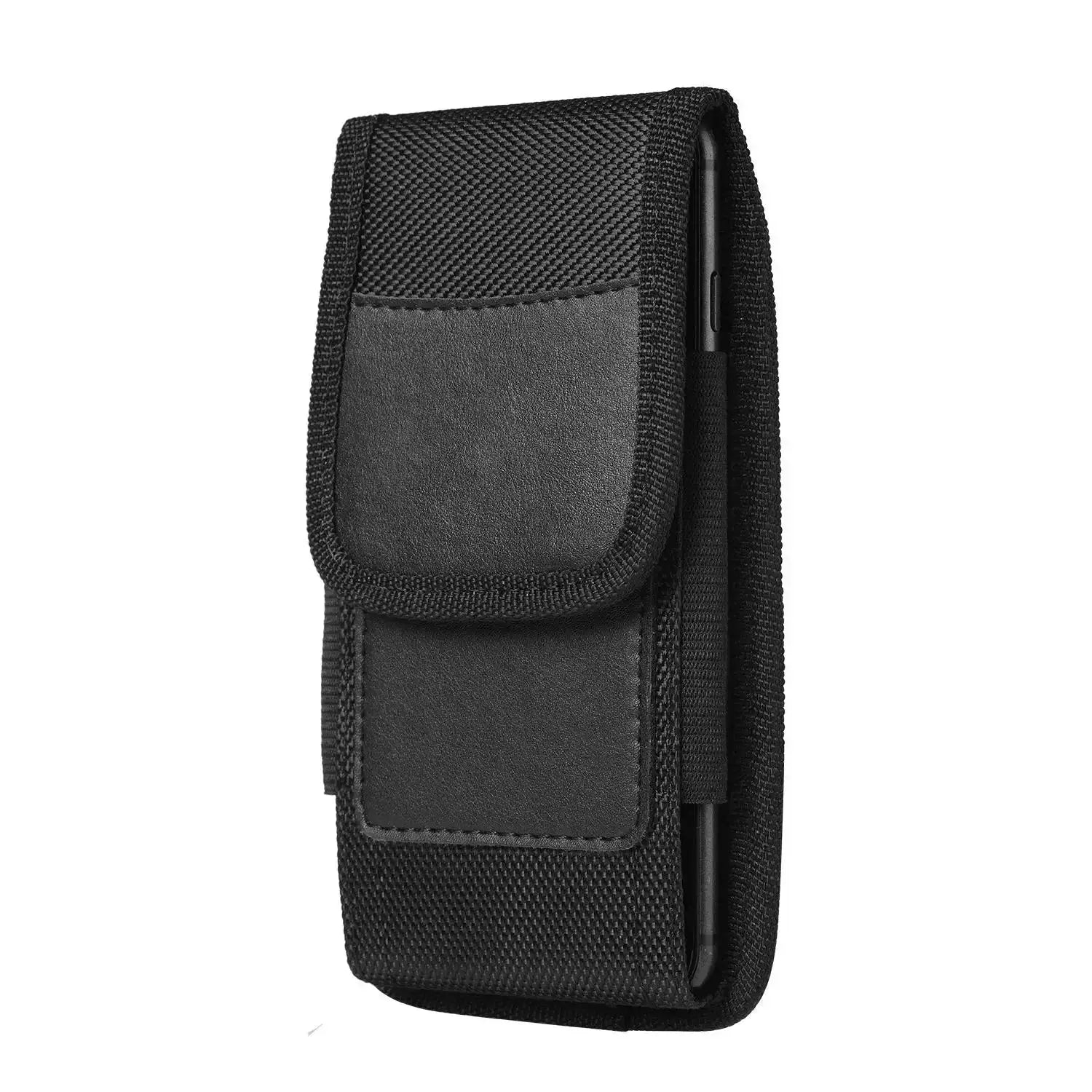 Mobile phone waist bag in black nylon with belt loop, compact holster-style fanny pack.