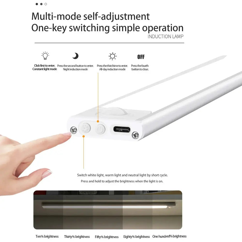 LED motion sensor light by Simples Market, white under-cabinet USB bar with three brightness modes