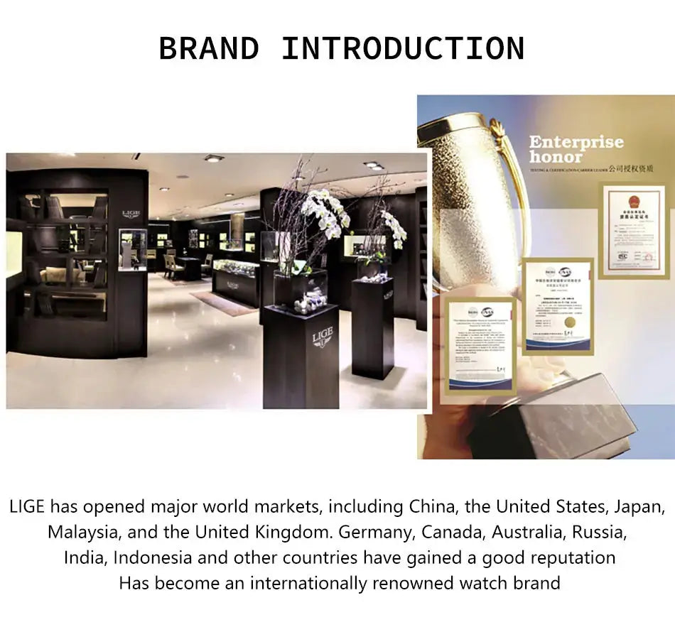 LIGE brand watch showroom interior with display stands and framed certificates