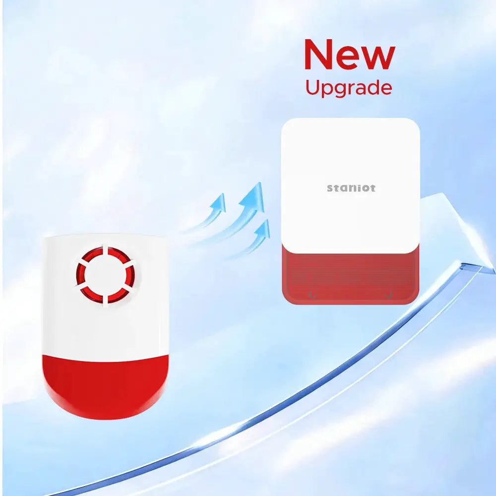 Staniot 7-inch wireless home alarm kit with 115dB siren and 5000mAh battery; two components shown