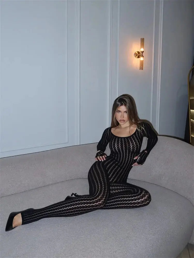 Simples Market Tossy see-through black mesh jumpsuit with zigzag patchwork pattern, full-length women's romper