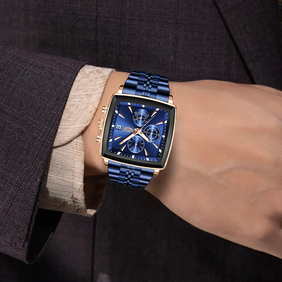 Relógio masculino LIGE com caixa quadrada rosé-dourada, pulseira de aço azul e mostrador azul com subdials