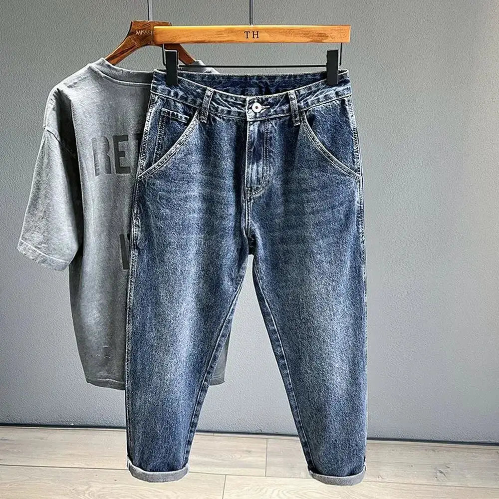 Korean vintage loose tapered blue denim jeans with cuffed hems
