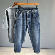 Korean vintage loose tapered blue denim jeans with cuffed hems