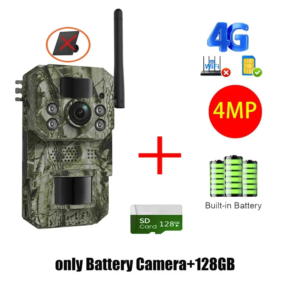 INQMEGA4G camo trail camera with antenna, 4MP sensor, 4G, built-in battery and 128GB SD card.