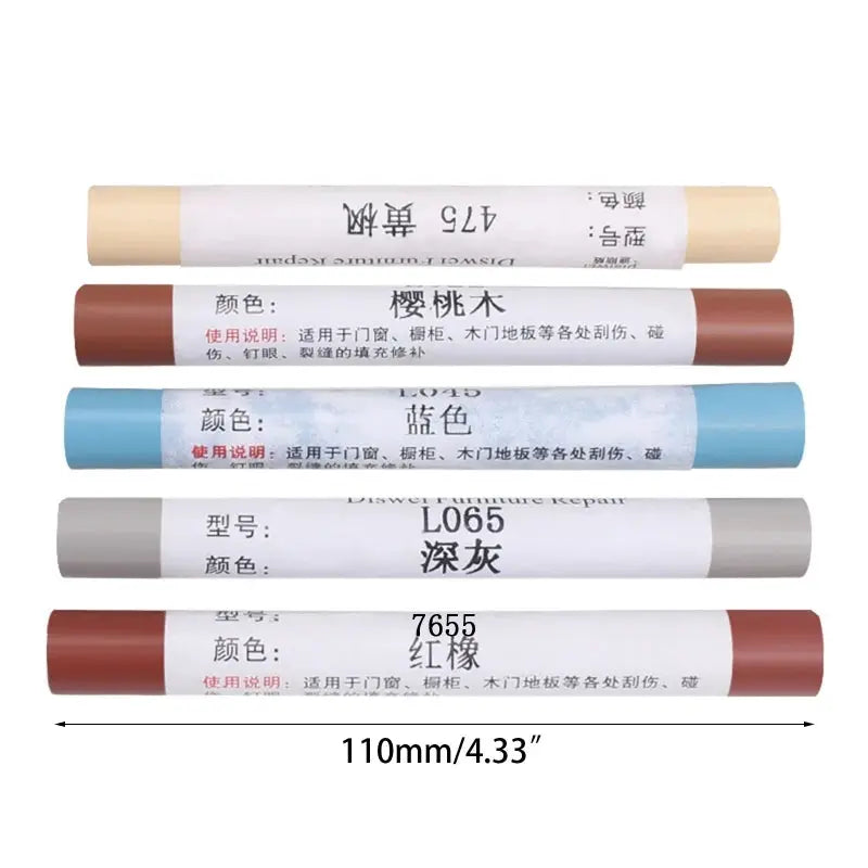 Simples Market waterproof wood furniture repair pen set, 5-color pen bundle in beige, brown, blue, gray and red-brown.