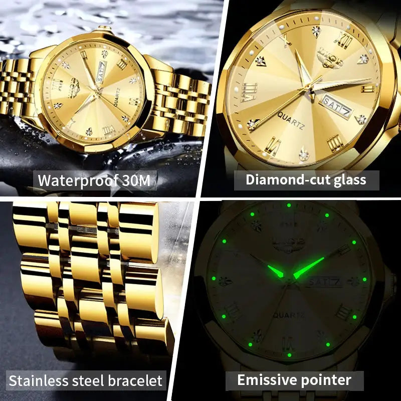 LIGE gold-tone women's luxury watch with stainless steel bracelet and luminous hands