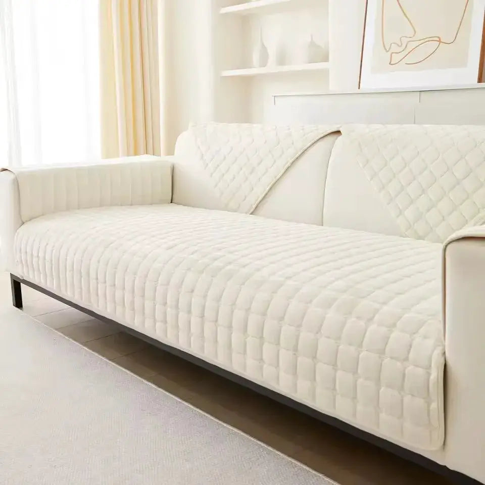 Simples Market flannel plaid sofa cover set, non-slip quilted cream backrest and seat cushion cover for living room
