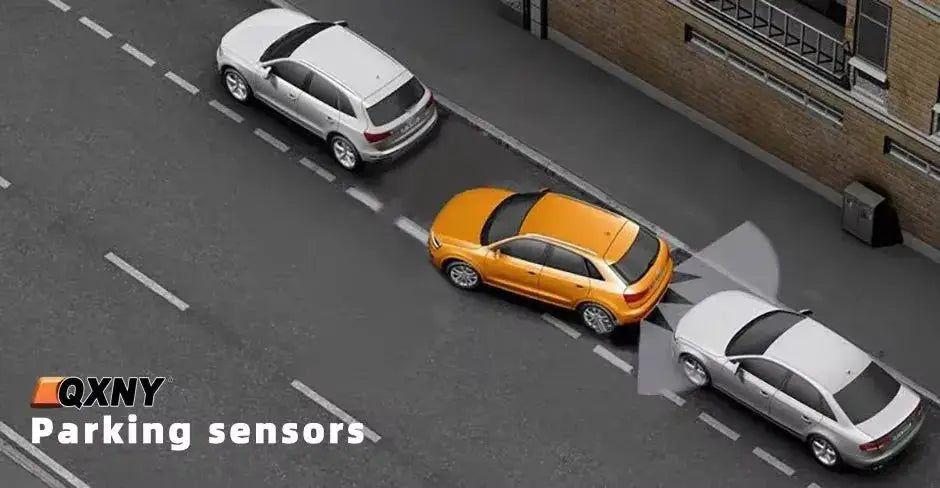 QXNY 4-piece 22mm ultrasonic parking sensor system for cars; three vehicles shown (orange, white, silver) with radar overlay