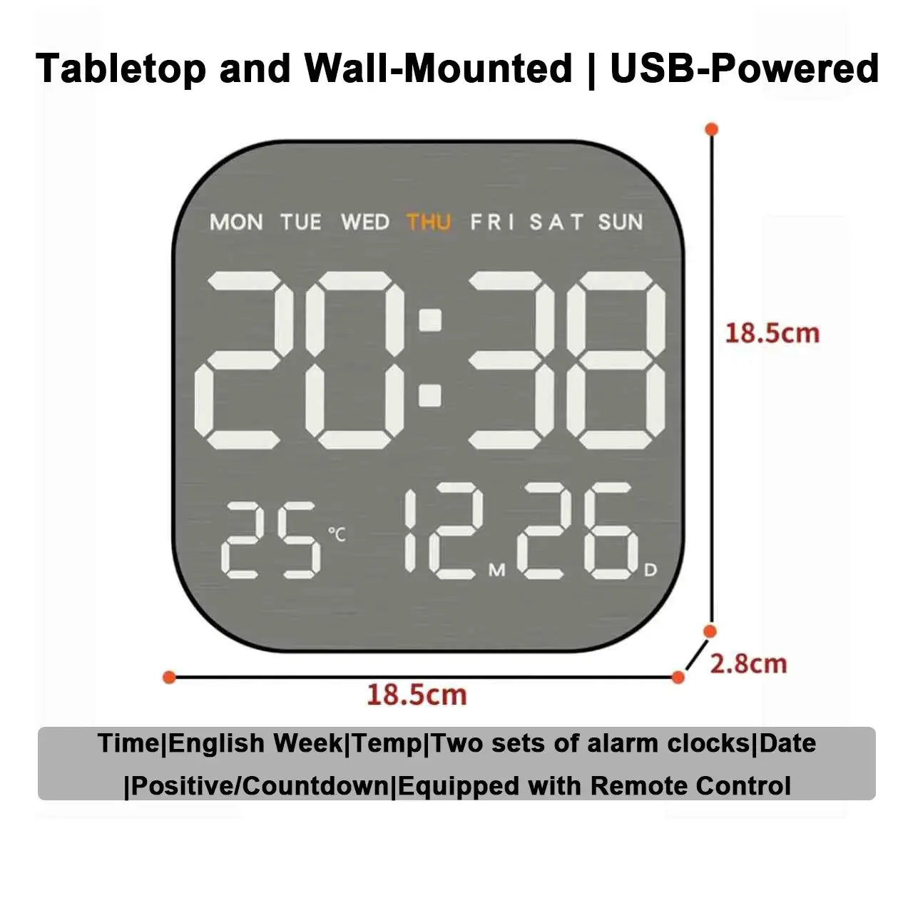 Simples Market mirror-brushed wall clock with digital display, temperature, date and alarm