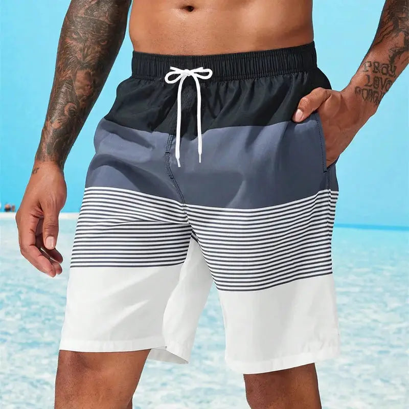 Sea Beach casual stripe men's board shorts by Simples Market; navy, gray, and white with quick-dry, drawstring