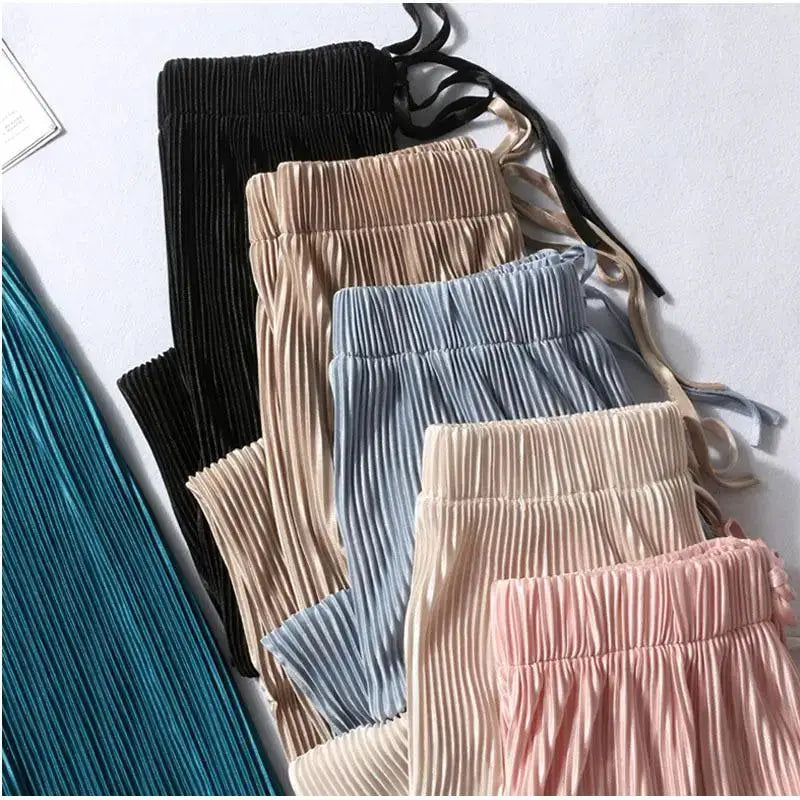 NovaModa Ice Silk Pleated Wide Leg Pants For Women Breathable Summer Comfort Elastic Waist