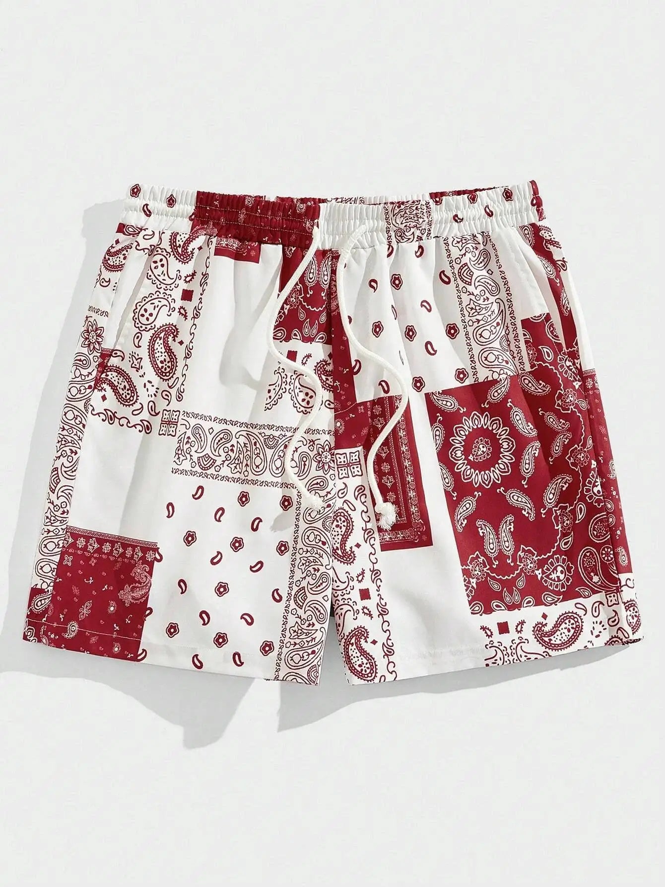 Trend Bandana Graphic Beach Shorts for Men by Simples Market, red/white patchwork with drawstring waistband