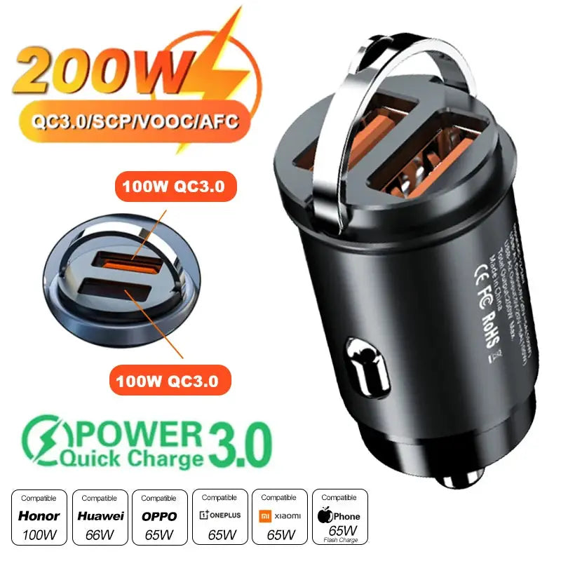 100W And 200W QC3.0 PD Mini Car Charger 12 To 24V USB Type C Charger For Xiaomi Samsung Huawei iPhone