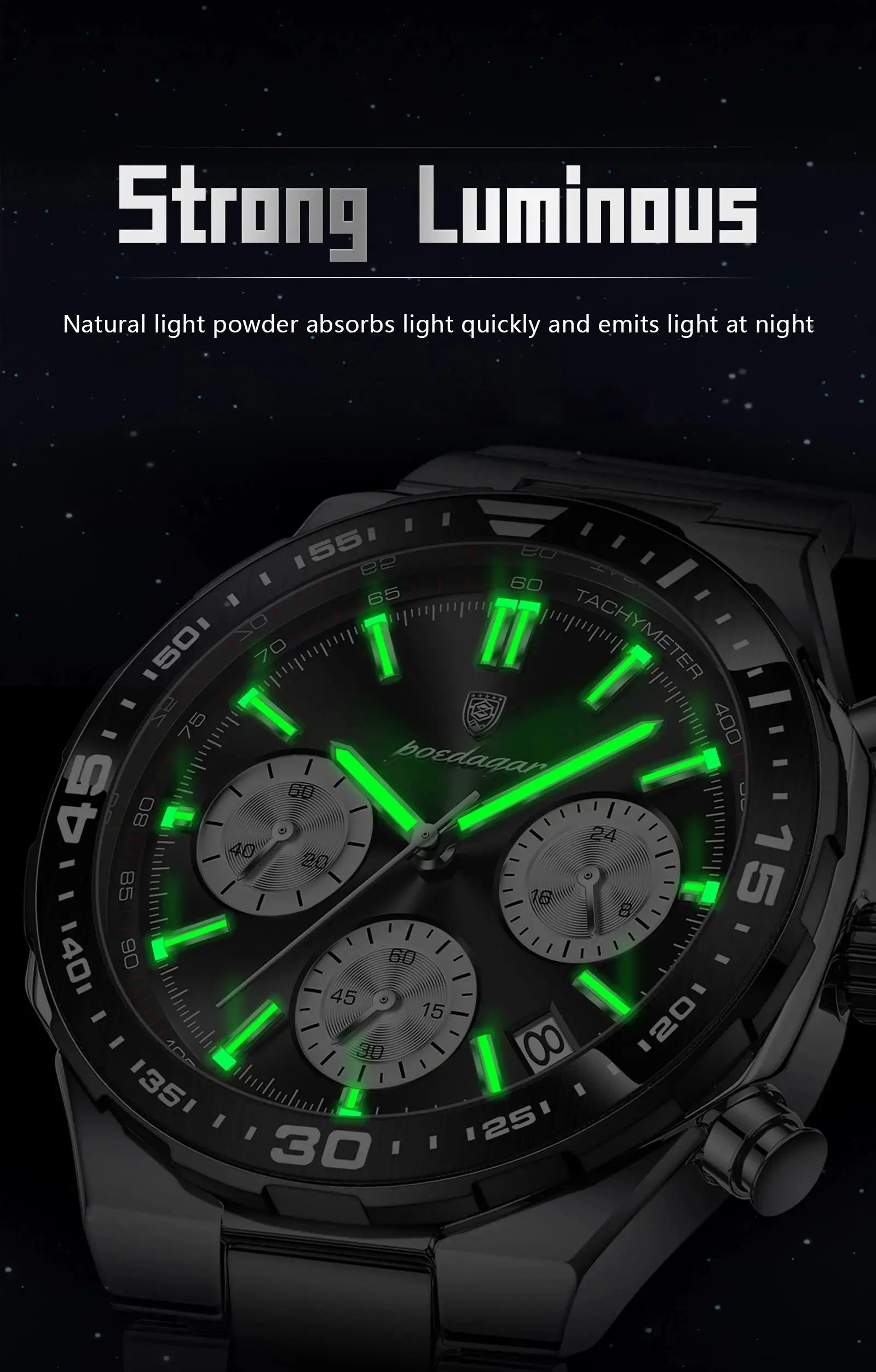 POEDAGAR men's quartz watch with stainless steel case and bracelet, green luminous hands and chronograph