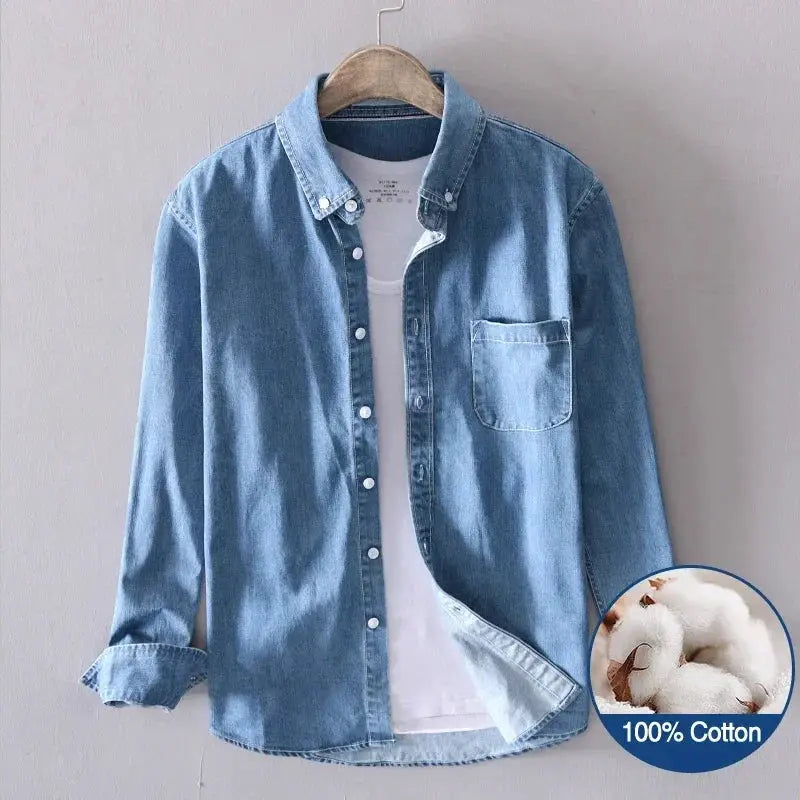 Men's denim shirt, light blue 100% cotton, long-sleeve with chest pocket