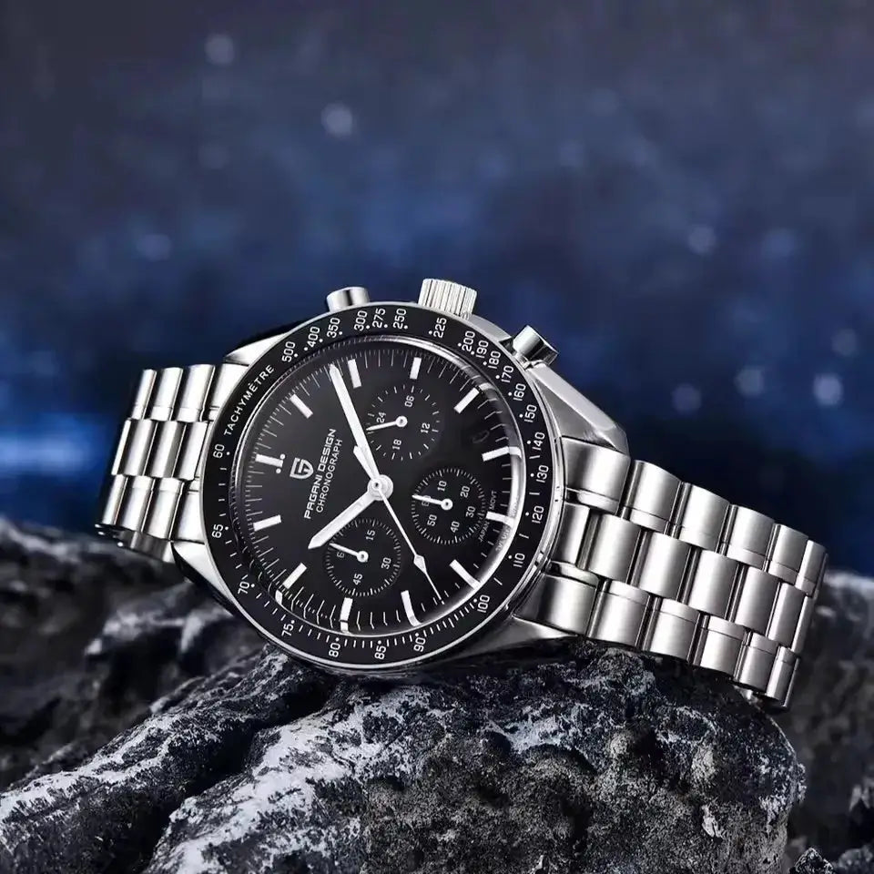 Pagani Design 500 Speedometer chronograph watch, all-steel bracelet, black dial.